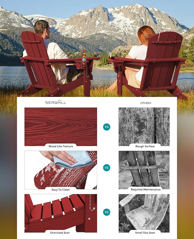 SERWALL Adirondack Chair with Cup Holders - Composite Adirondack Chairs Set of 2 HDPE Outdoor Chairs All Weather Use- Dark Red