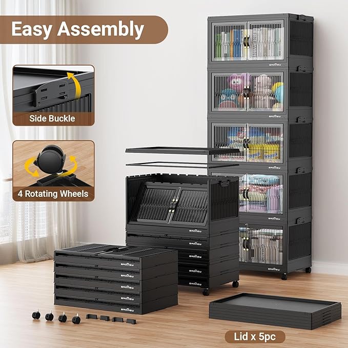BROVIEW 300Qt Stackable Storage Bins with Lid, Extra Large Closet Organizer Collapsible Drawer Boxes with Wheels, Folding Plastic Cabinet Containers for Home Kitchen Room Organization, 3Pack Black