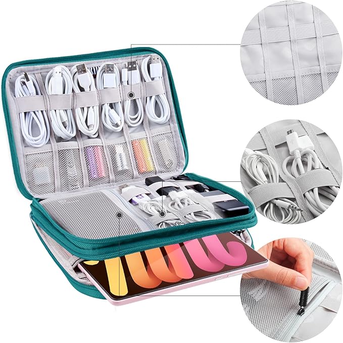 Electronics Organizer,Travel Cable Organizer Bag,Water Resistant Double Layers Pouch for Cable,Cord,iPhone,iPad Mini,Gift for Men Electronic Accessories Storage Case with 5 Cable Ties,Green