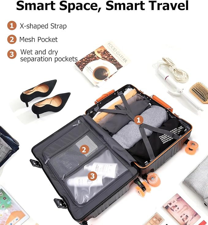 feilario 24in Aluminum Frame Wide Handle Hard Shell Carry On Suitcase - Vivid Colors Double Spinner Wheels Airline Approved Rolling Luggage with TSA Lock & Cup Holder (Silver, 24in)