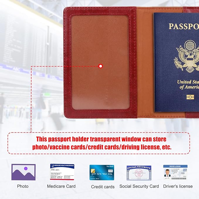 TIGARI Passport Holder for Travel Women Men, PU Leather Passport Wallet Cover Case Sleeve, Waterproof Protected Document Organizer, Family Vacation Plane Cruise Travel Essentials-Red