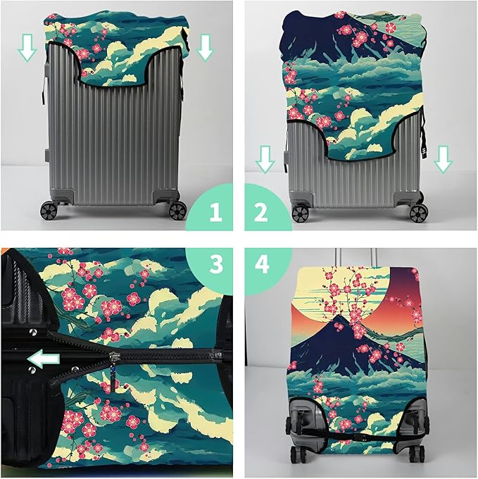 Luggage Cover Suitcase Protector + Luggage Tag, Landscapes Sakura Mount Fuji Travel Suitcase Cover for 18-20 inch Luggage (S) with Concealed Zipper Washable Elastic Cloth Dustproof Anti-Scratch
