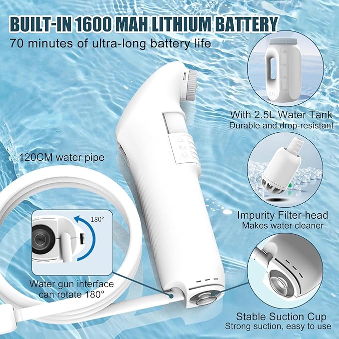 Portable Bidet for Travel,Travel Handheld Bidet Sprayer with 2.5L Water Storage, Electric Rechargeable,70-Minute Usage