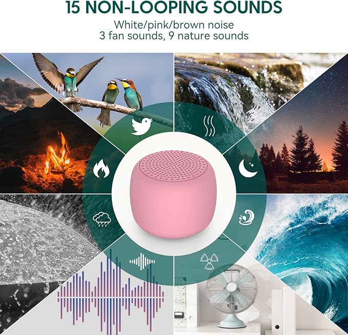 Babelio White Noise Sound Machine for Adults Kids Baby, Mini, 15 Non-looping Sounds, Timer, Memory Function, Easy to Pocket and Travel Pink