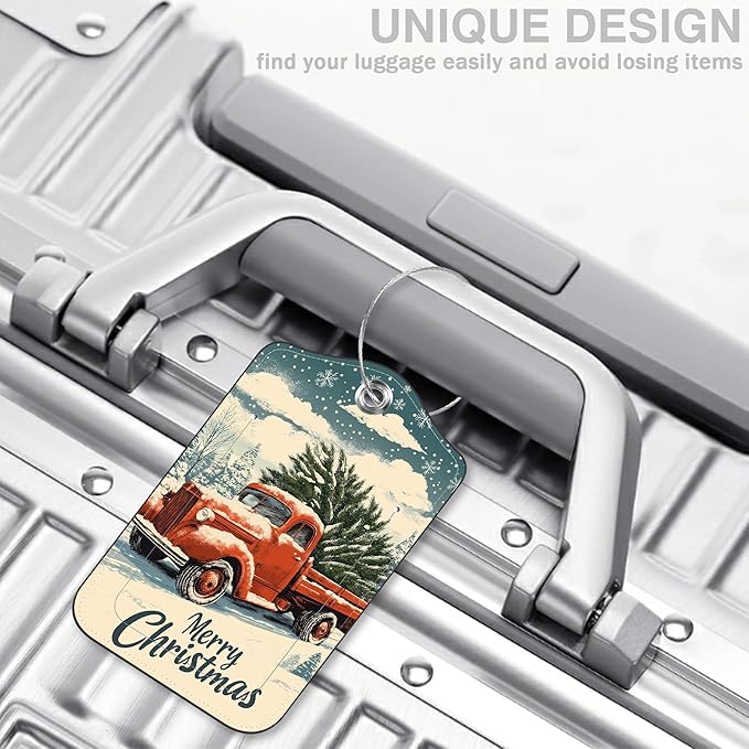 Red Truck Carrying Christmas Tree Set of 2 Luggage Tags for Suitcases Leather Suitcase Tags Identifiers with Privacy Name Label and Stainless Steel Loop for Women Men Travel Luggage Accessories
