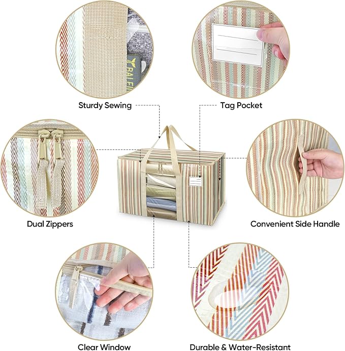 BALEINE 6-Pack Oversized Moving Bags with Reinforced Handles, Heavy-Duty Storage Tote for Clothes, Moving Supplies (Color Stripe with Window, 6-Pack)