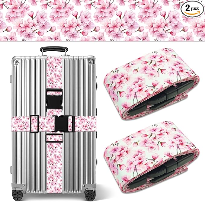 Luggage Straps for Suitcases TSA Approved, Luggage Identifiers for Suitcase, Adjustable Suitcase Strap for Baggage Security with Cute Patten, Travel Necessary Accessories (Peach Blossom)