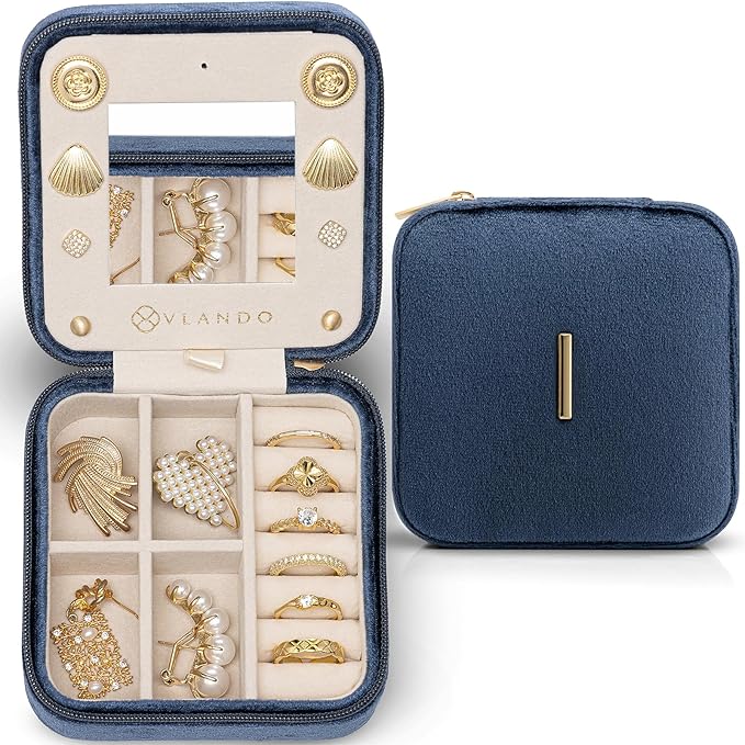 Vlando Valentines Day Gifts for Her, Travel Jewelry Organizer, Necklace Ring Organizer, Jewelry Travel Essentials Travel Gifts for Girlfriend Wife - Letter I, Dark Blue