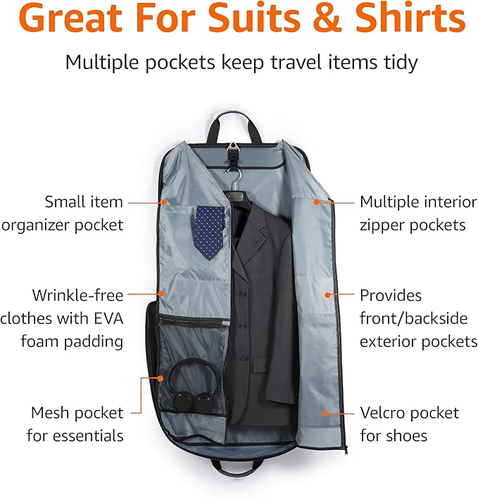 Amazon Basics Carry-On Garment Bag for Travel and Business Trips with Shoulder Strap, Hanging Suit Luggage Bag for Men Women, Wrinkle Free Cover for Suits Dresses Coats, Navy