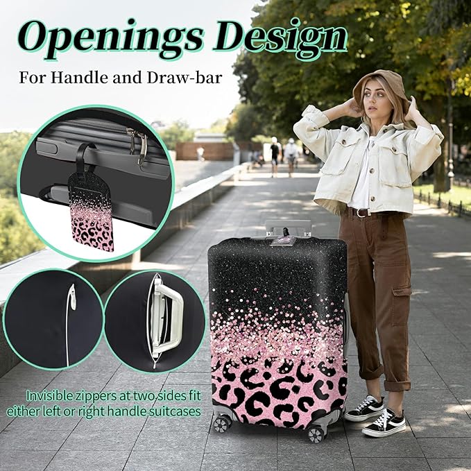 Luggage Cover + Tag, Pink Leopards Travel Suitcase Cover for 18-20 inch Luggage (S) with Concealed Zipper, Washable Elastic Cloth, Dustproof, Anti-Scratch