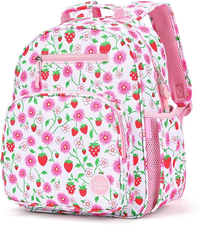 mibasies Girls Backpack 5-8: Lightweight Kids Backpacks for Girls - Girl Bookbag for Elementary School - Strawberry Floral Pink