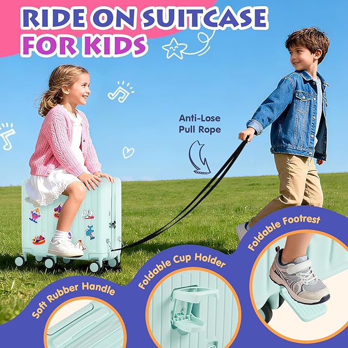 Kids Ride-On Luggage, 20" Hardshell Carry-On Suitcase with 6 Spinner Wheels, Foldable Pedal, Hidden Cup Holder & Combination Lock for Toddlers & Children (Green, 20-inch)
