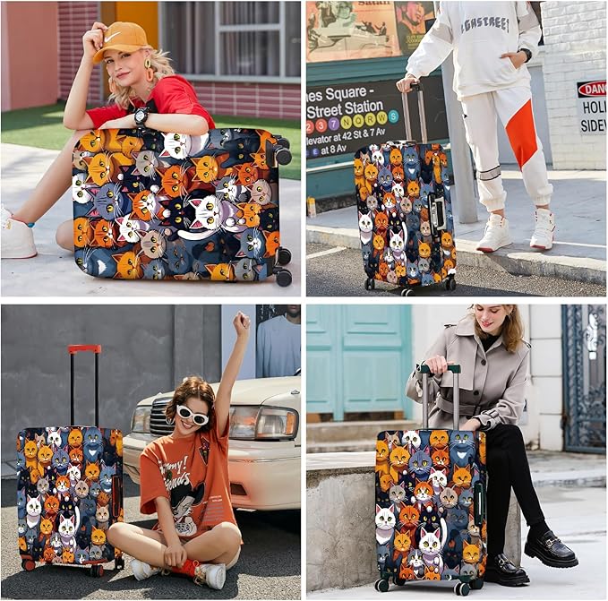 ANNA QUEEN Colorful Cat Luggage Cover, Fun Cat Design with Multiple Cats, Stretchable, Washable Travel Sleeve for 24-26 Inch Luggage