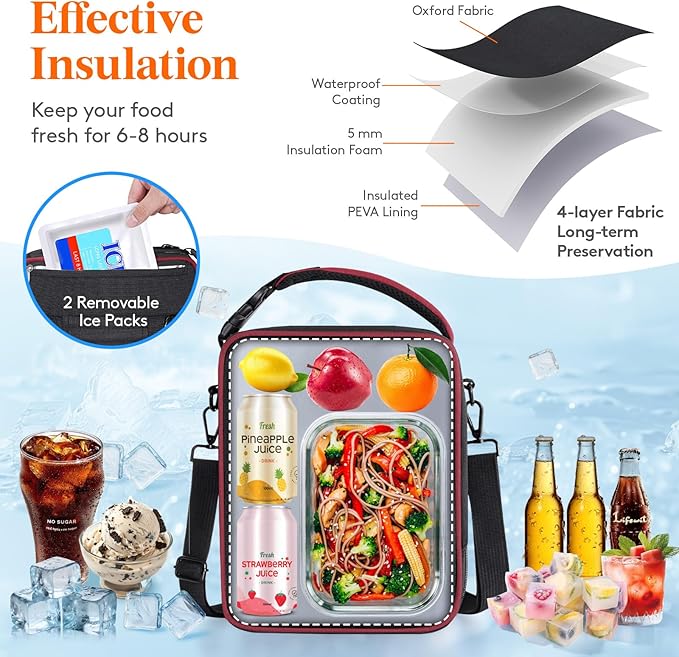 Lifewit Insulated Lunch Box for Men, Expandable Cooler Bag, Freezable Lunch Bag for Women with 2 Ice Packs and Shoulder Straps for Work Travel College, 8.2L Black and Red