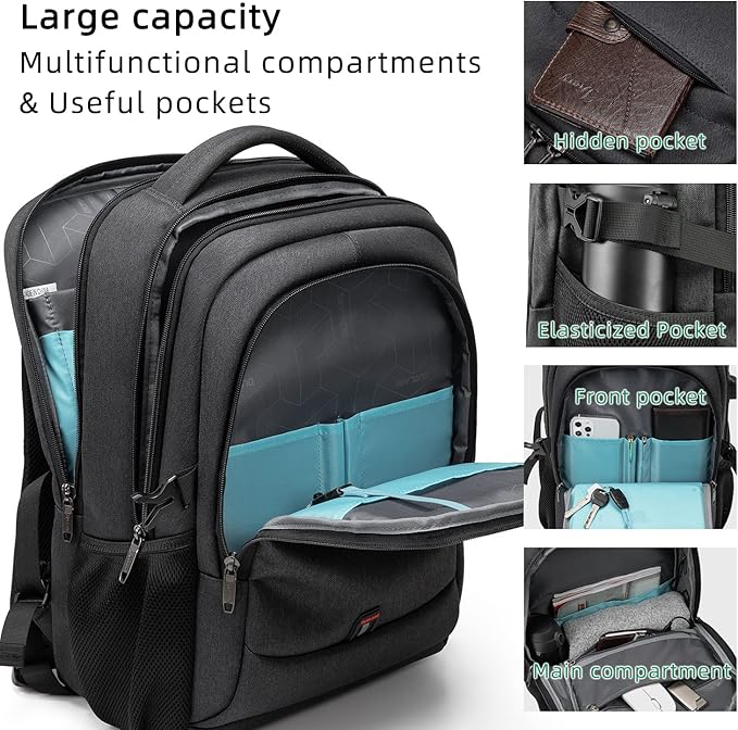 DUSLANG 17 Inch Laptop Backpack for Travel Water Resistant College Backpack for Men/Women Laptop Bag with USB Charging Port and Red Hat Metal America Back MAGA Cap Keychain for Backpack, Black