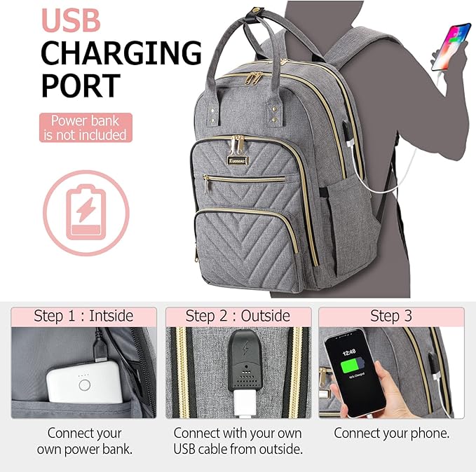 Travel Backpack for Women, 15.6 Inch Work Laptop Backpack, Water Resistant Backpack for Business with USB Charging Port, Anti-theft Student Teacher Bookbags, Large Daypacks for Women, Grey
