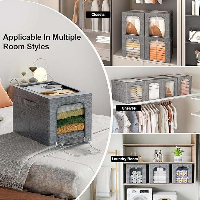 GoMaihe Clothes Storage Bin with Metal Frame: 6-Pack Stackable Closet Storage Bin with Lid & Clear Window, Sweater Boxes Storage for Closet Bedding Clothing Storage Organizer 40L