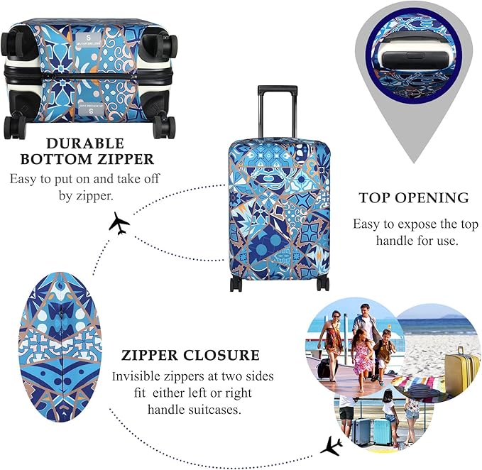 Explore Land Travel Luggage Cover Suitcase Protector Fits 18-22 Inch Case (Portuguese tiles, S)