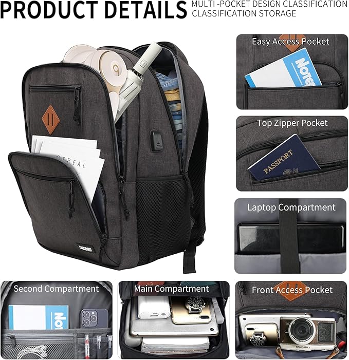 Black Backpacks for Men, Backpack for School, School Backpack for Boys Teens, 17.3 inch Laptop Back Pack with USB Charging Port, College Book Bag, Business Work Travel Bookbag, mochilas para hombres