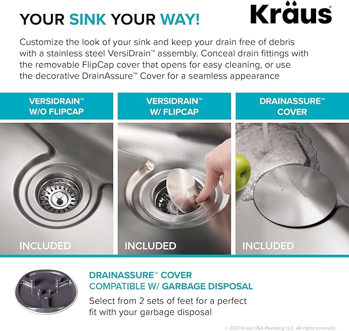 KRAUS Dex 25-Inch Undermount Single Bowl TRU16 Gauge Stainless Steel Kitchen Sink with DrainAssure WaterWay and VersiDrain Assembly in Radiant Pearl Finish, KD1US25B