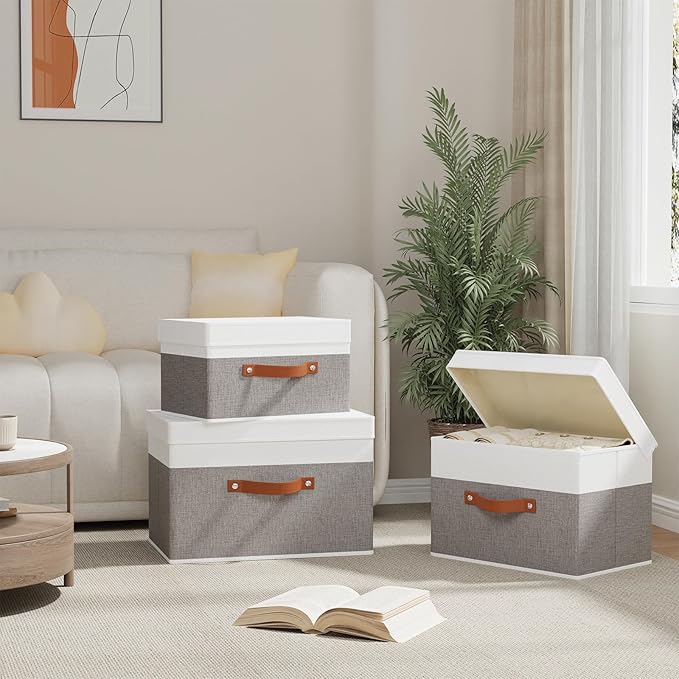 Fabric Storage Boxes with Lids, Linen Foldable Cloth Baskets, 17.7 x 11.8 x 11.8 Inch Closet Organizer Containers with Double Handles, Sweater Bins for Bedroom, White and Grey, 3 Pack
