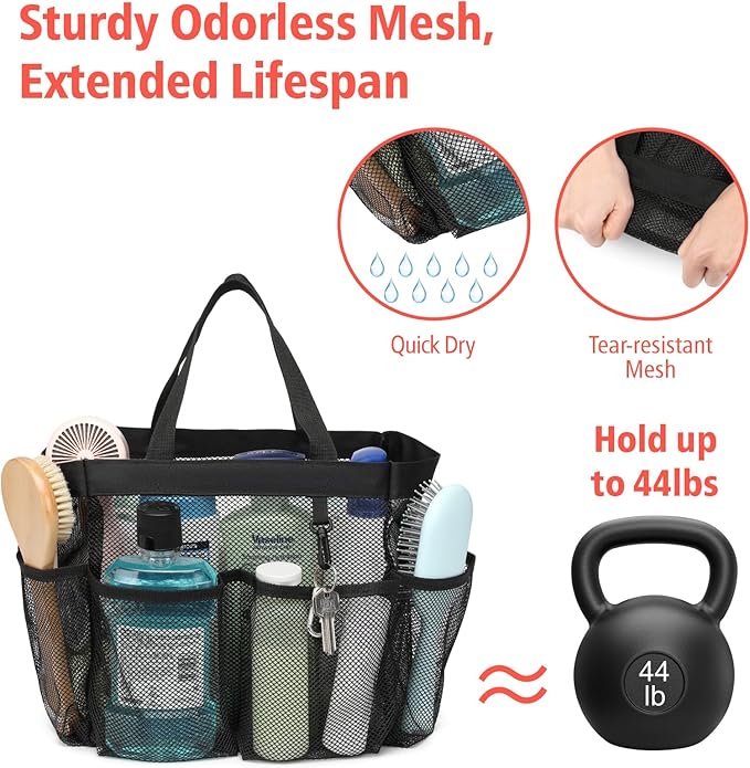 F-color Mesh Shower Caddy Portable - 2 Handles Upgrade Deeper 7 Pockets Basket Bag Tote for College Dorm Room Toiletry Bathroom Essentials Gym Camp Quick Dry with S Hook, 2 Pack, Black & Mint Green