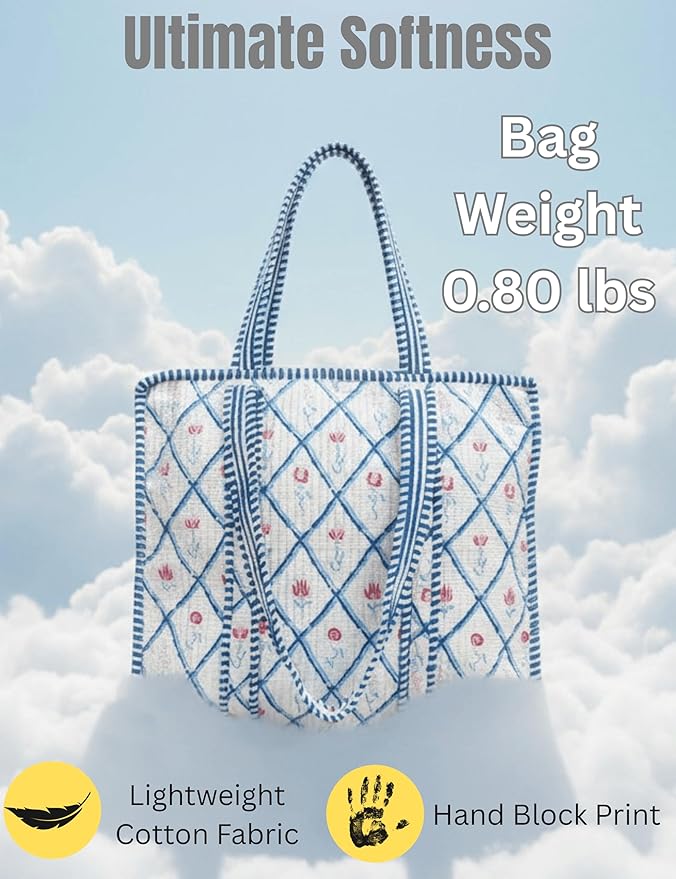 Cotton Quilted Tote Bag for Women – Large Beach & Travel Tote with Zipper, Reusable Grocery Bag