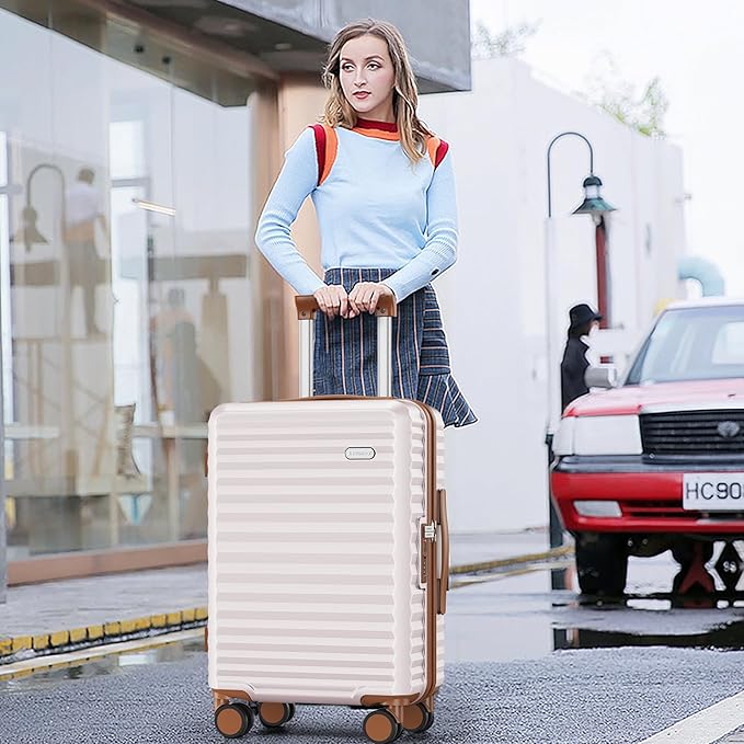 SHOWKOO Suitcase Hardside Expandable Luggage Set, Suitcase with Double Spinner Wheels TSA Lock 3 Piece Set Beige White (DB/TB/28in)