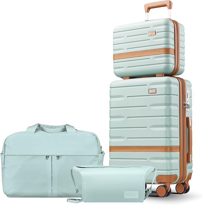 Luggage Sets 4 Piece with TSA Lock Hardside PC+ABS Carry On expandable Suitcase with Spinner Wheels Lightweight Rolling Travel Luggage Sets with YKK Zippers (Green, 4 Piece Sets(14/20/DB/TB))
