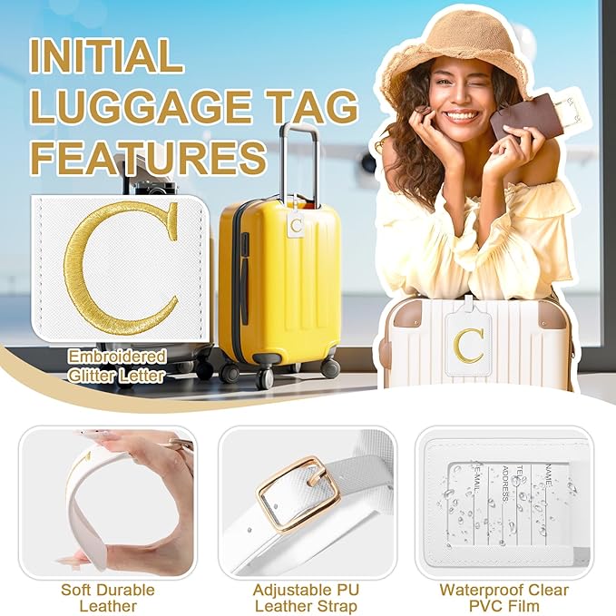 Personalized Initial Luggage Tags for Suitcase TSA Approved, White Leather Cute Luggage Tag with Privacy Cover Name Card, Embroidered Custom Luggage Tags Travel Baggage Tags Gifts for Women Kids(C)