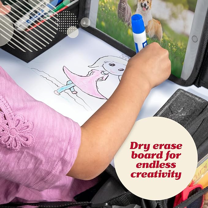 Lusso Gear Kids Travel Tray for Car - Road Trip Essentials for Kids - Car Seat Tray for Toddlers & Kids - for Airplane, Kids Travel Desk, Road Trip Activities (Purple Unicorns)