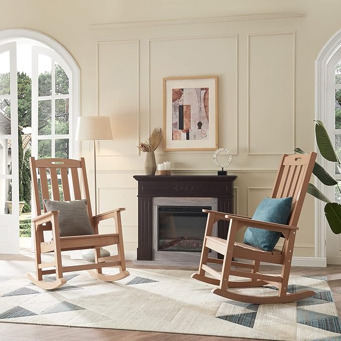 Psilvam Oversized Outdoor Rocking Chair, with 21" Wide Seat and 32" Tall Backrest, Pre-Assembled with Most Components for Effortless Installation (Teak Color)
