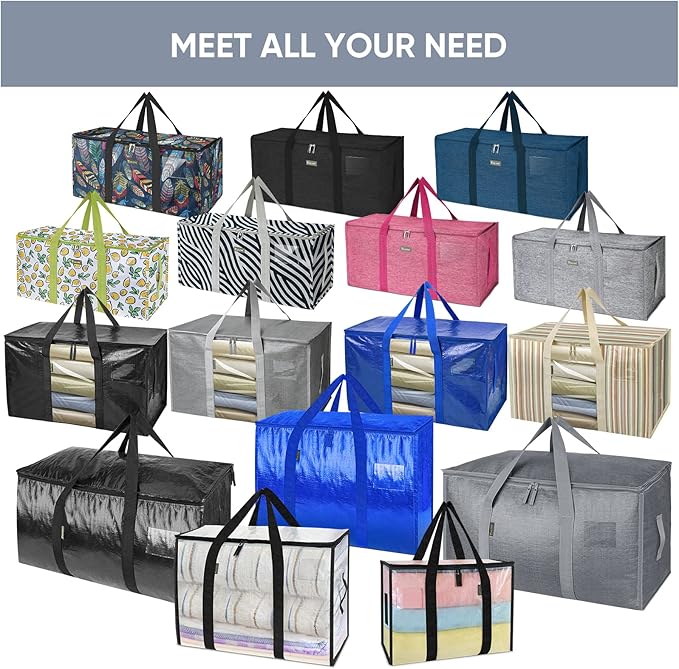 BALEINE 6-Pack Oversized Moving Bags with Reinforced Handles, Heavy-Duty Storage Tote for Clothes, Moving Supplies (Color Stripe with Window, 6-Pack)