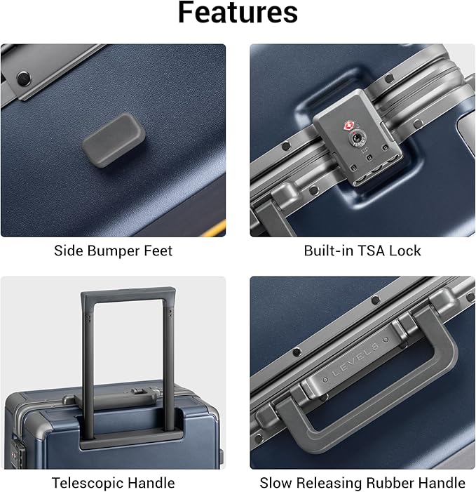 LEVEL8 Carry On Luggage Airline Approved Zipperless with Aluminum Frame, Hard Case Luggage with Spinner Wheels, Metal Travel Suitcase with Double Tsa Locks, 20 Inch, Blue