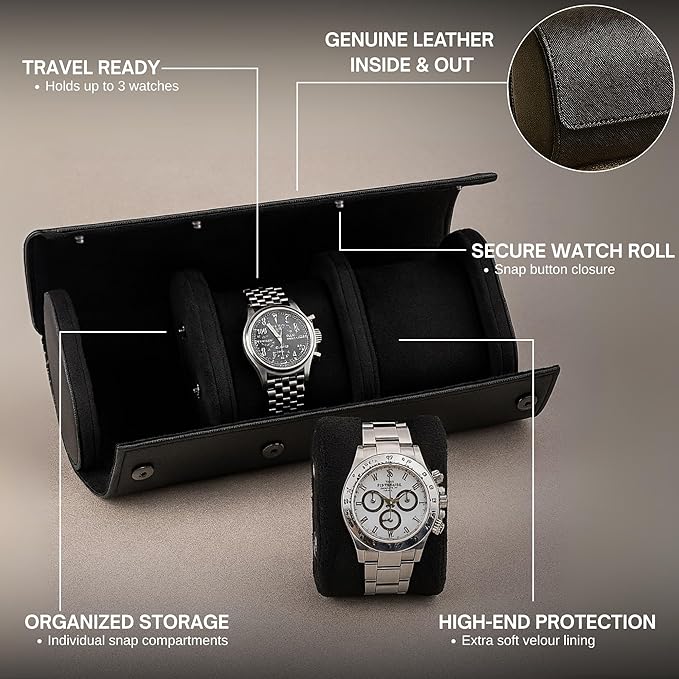 Bey-Berk Milani Leather Watch Roll - Luxury 3 Watch Travel Case for Men, Women, Genuine Leather with Soft Velour Lining and Snap Closure - Black