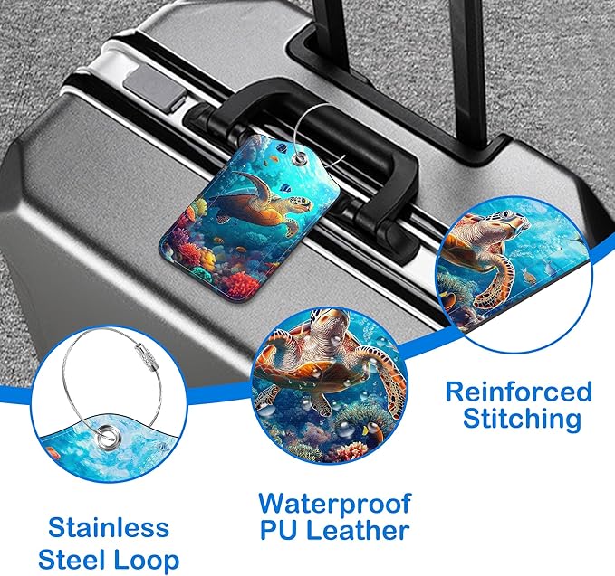 Sea Turtle Luggage Tags for Suitcases Leather Travel Tags for Luggage ID Label with Privacy Cover and Stainless Steel Loop for Men Women Suitcase Backpack, Set of 2