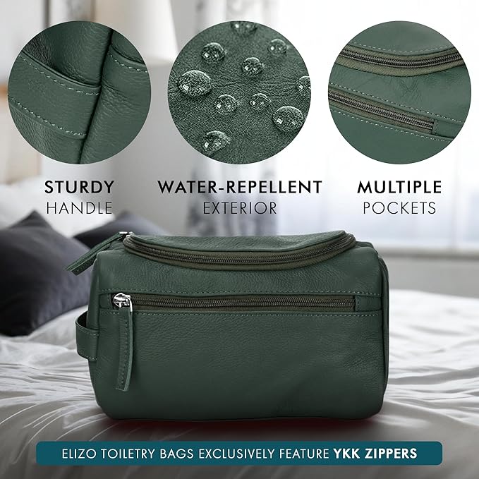 ELIZO Premium REAL Leather Toiletry Bag for Men Dopp Kitt Hanging Mens Toiletry Large TSA Toiletries Bag Shaving Grooming Bag Organizer Espresso