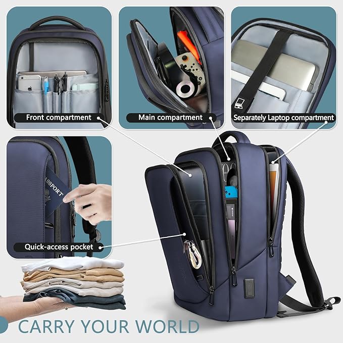 hk Laptop Backpack for Men with USB Charging Port Water-Resistant for 15.6 Inch Computer Bag Durable High-Tech Daypack Casual Backpack for Business Work College Weekender Travel- Blue