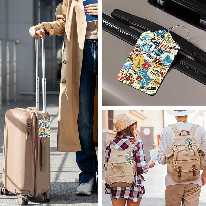 2 Pcs Leather Luggage Tags for Suitcases, Funny Suitcase Tags for Luggage, Privacy Cover ID Label with Stainless Steel Loop & Address Card, Travel Bag Suitcase Tags for Luggage Accessories Women Men
