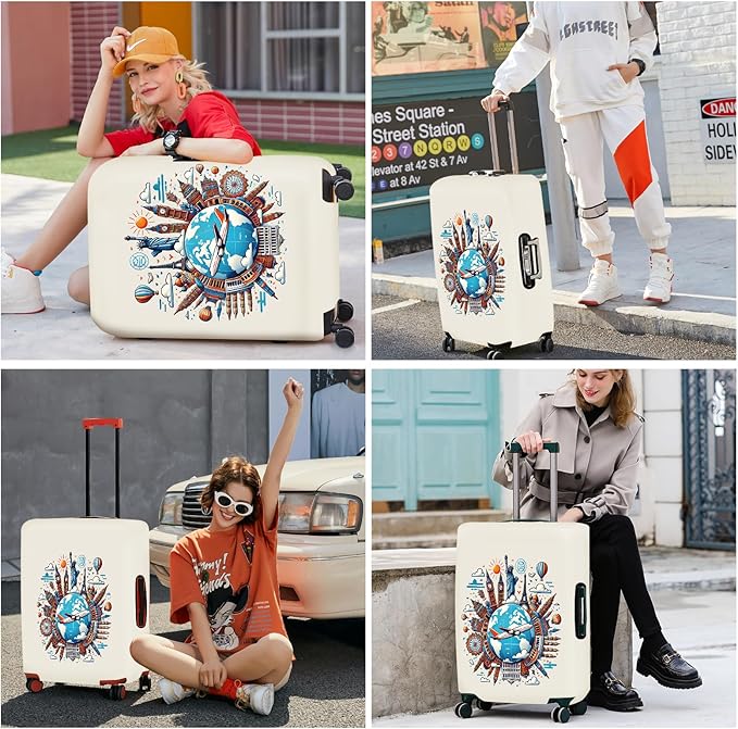 ANNA QUEEN Travel Around the World Luggage Cover, Colorful Landmark Suitcase Protector with Airplane & Globe Design, Stretchable, Washable Travel Sleeve for 28-30 Inch Luggage