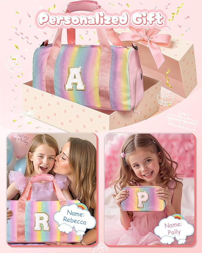 Birthday Gifts for Granddaughter-Girl Gym Bag with Shoe Compartment, Kid Personalized Weekender Overnight Bags, Initial Travel Tote with Makeup Pouch Valentine's Day Gift for Kids (Letter I)