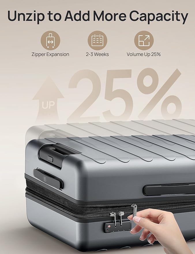 Carry on Luggage 22 X 14 X 9 Airline Approved, 20 Inch Luggage for 3-5 Days Travel, Double Spinner Wheels, 100% Hardshell PC, TSA Lock (00-Grey (Expandable), Checked 24-Inch)