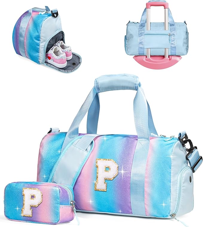 Girls Day Gifts for Kids-Girl Gym Bag with Shoe Compartment, Kid Personalized Weekender Overnight Bags, Initial Travel Tote with Makeup Pouch, Valentines Day Gift (Letter P)