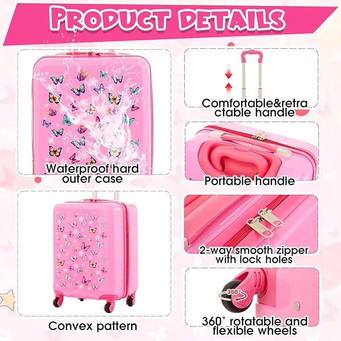 Sanwuta 4 Pcs Kids Luggage Set Kids Backpack Travel Rolling Suitcase with Wheels U-shape Pillow Childrens Gift for Girls Boys(17 Inch,Butterfly Style,Rose Pink)