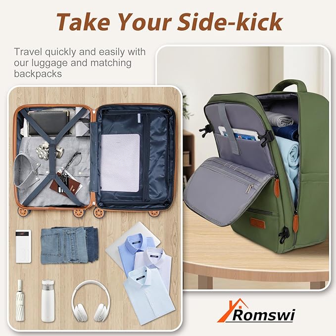 Romswi Luggage Sets 2 Piece, Expandable Carry On Luggage 20In with Travel Backpack, PC+ABS Hardside Suitcase Set with TSA Lock, Durable Carry On Suitcase with Spinner Wheels Green