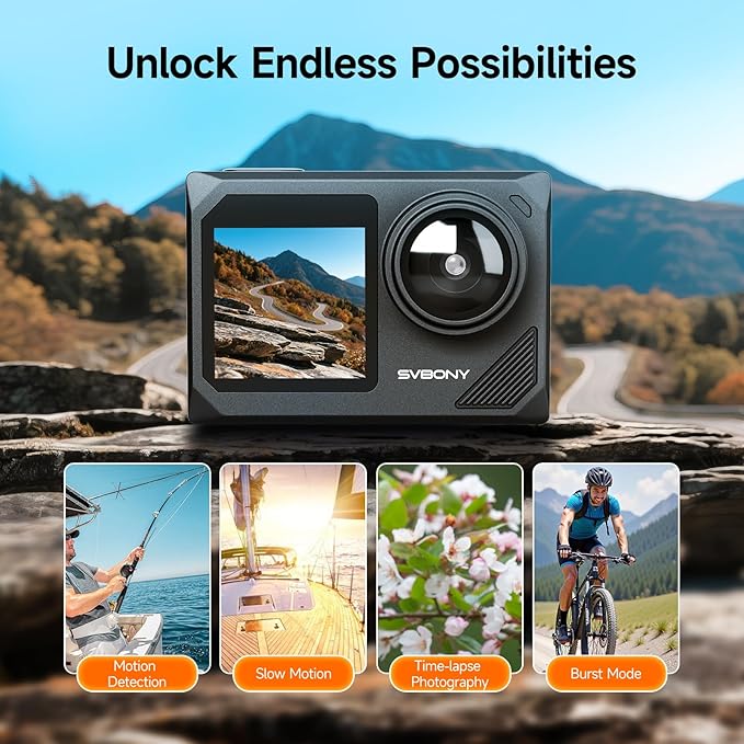 SVBONY SVGo2 Action Camera 4K30FPS 50MP, 5X Zoom Touch Screen Sports Camera, Waterproof Cameras,6-Axis EIS with Floating Selfie Stick, Wired Microphone, 2 Batteries, for Sports Vlog