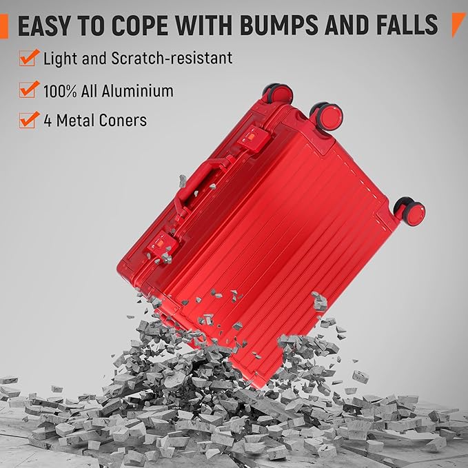 UrbanExplorer All Aluminum Carry On Luggage 22x14x9 Airline Approved Heavy Duty Hard Shell Suitcases Zipperless Suitcase with TSA Lock, Red, 20 Inch