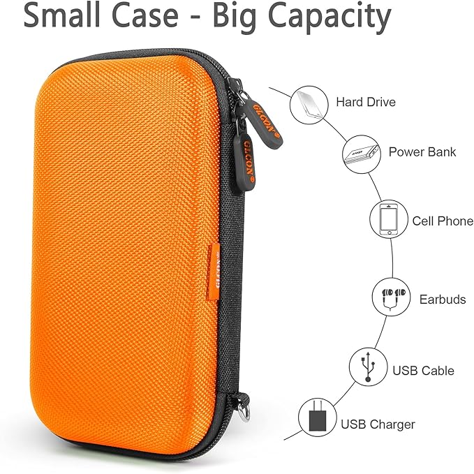 Orange Shockproof Hard EVA Carrying Case Travel Pouch for External Hard Drive, Power Bank, Cell Phone, Cable, Cord - Portable Small Electronic Accessories Organizer Storage Zipper Pouch