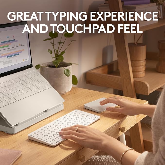 Logitech Casa Pop Up Desk Kit - Adjustable Laptop Stand for Desk, Wireless Keyboard & Touchpad, Bluetooth, USB C Charging, Nordic Calm, Tan/Purpl