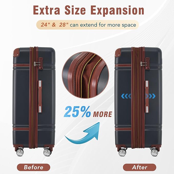 Merax Luggage Set 2 Piece Suitcase Set with Cosmetic Case Expandable Spinner Wheels Vintage Luggage Sets(Black,20"+24")